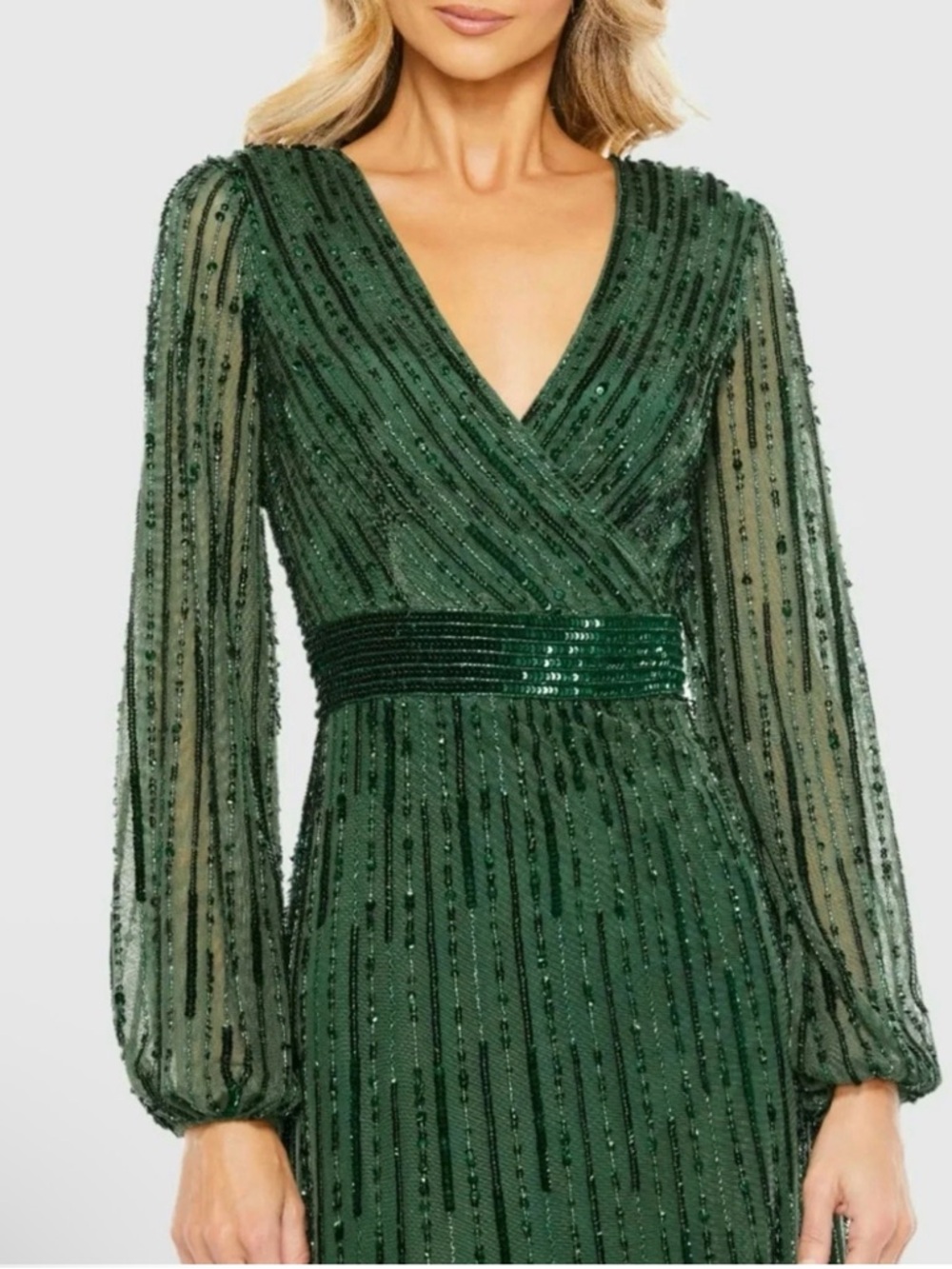 Mac Duggal Deep Green Beaded Long-Sleeve Evening Gown Size 6 New - Picture 2 of 14